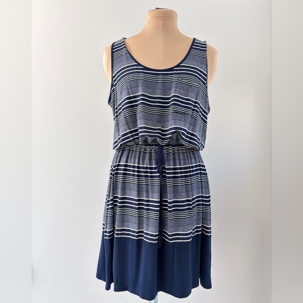 Olive & Oak Striped Navy Sleeveless Midi Dress – Tie Waist | Size XL